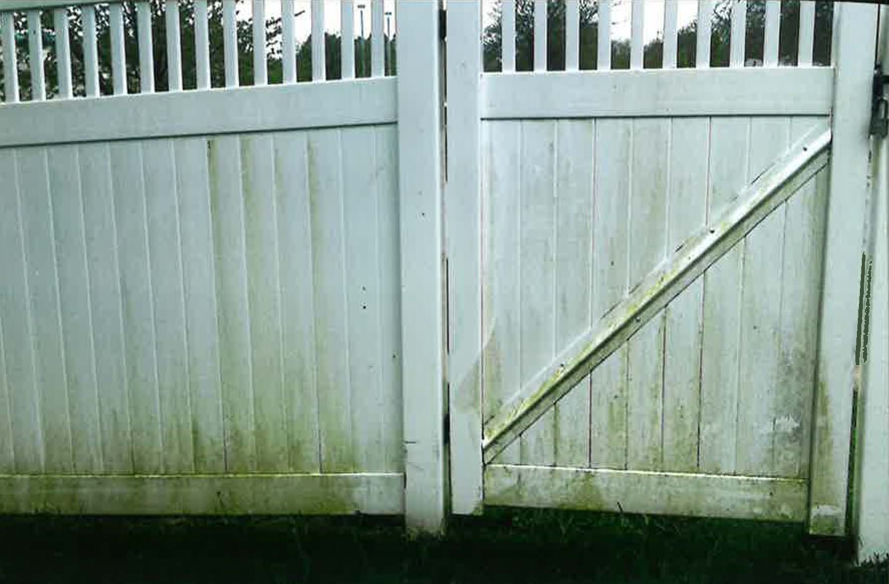 A white fence with a green stain on it