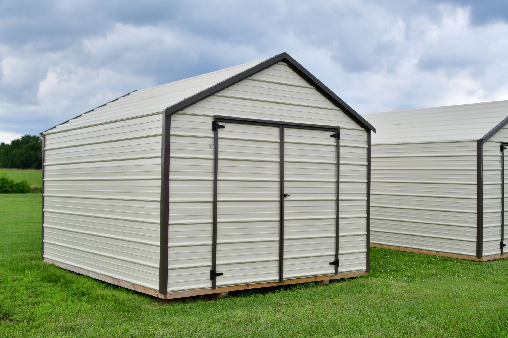 Tan storage shed with dark trim, standing on grass under a cloudy sky.