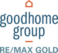 Logo for the Goodhome Group, a RE/MAX Gold affiliate, featuring text in blue with orange house and line icons.