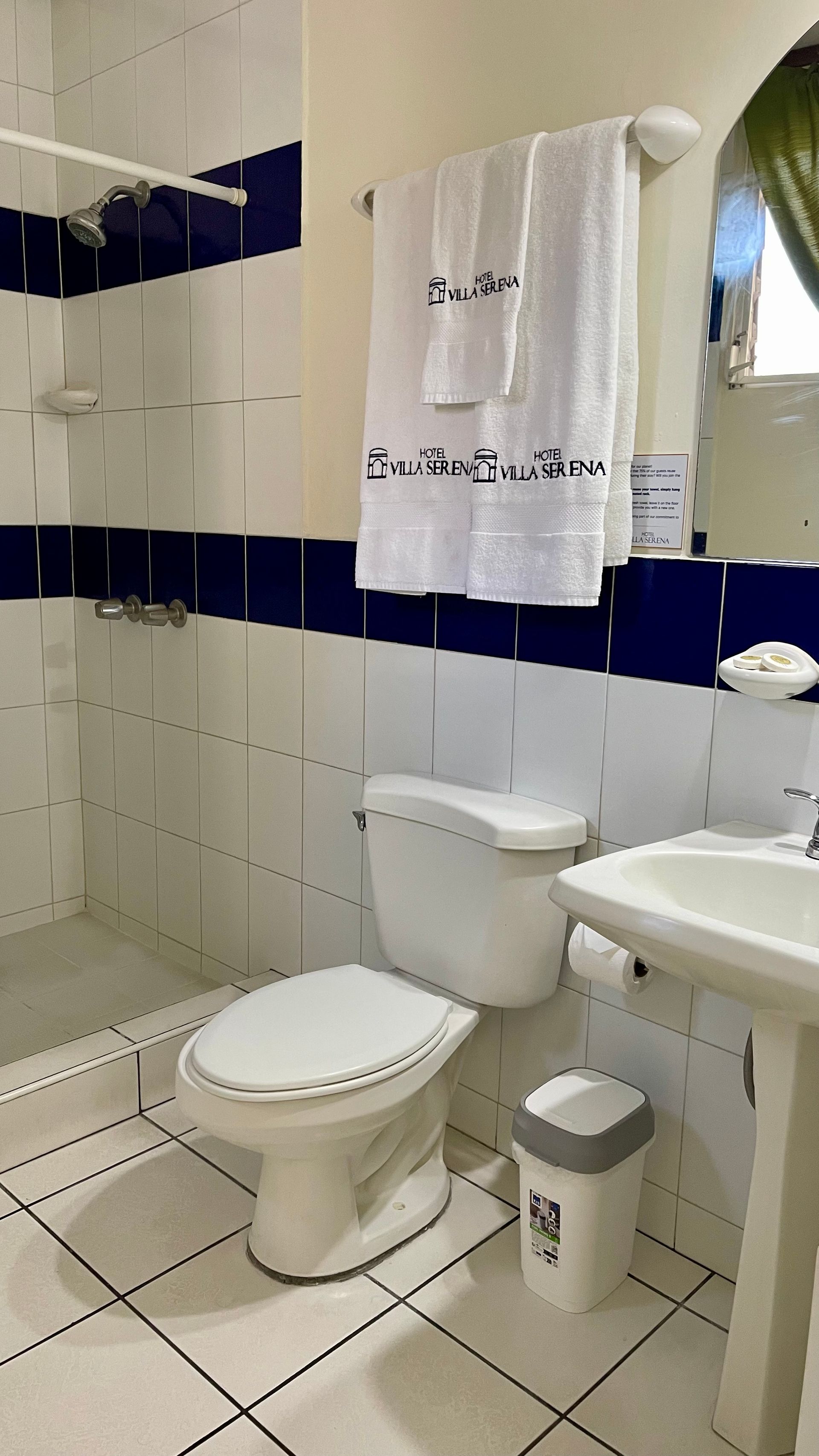 A tiled bathroom with a toilet, a pedestal sink, a small trash bin, and a shower area with a blue and white color scheme.