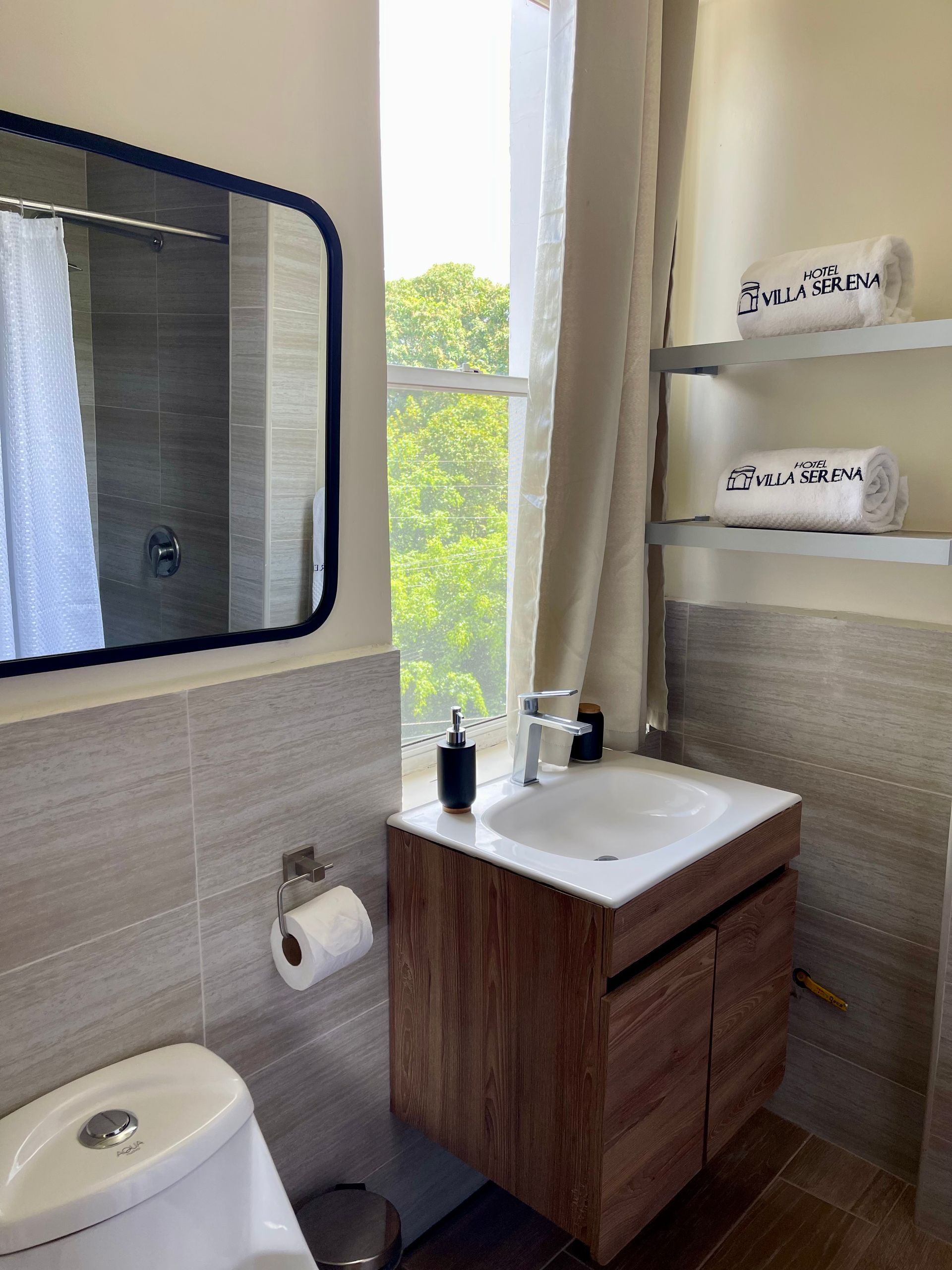 A bathroom with a toilet , sink and mirror