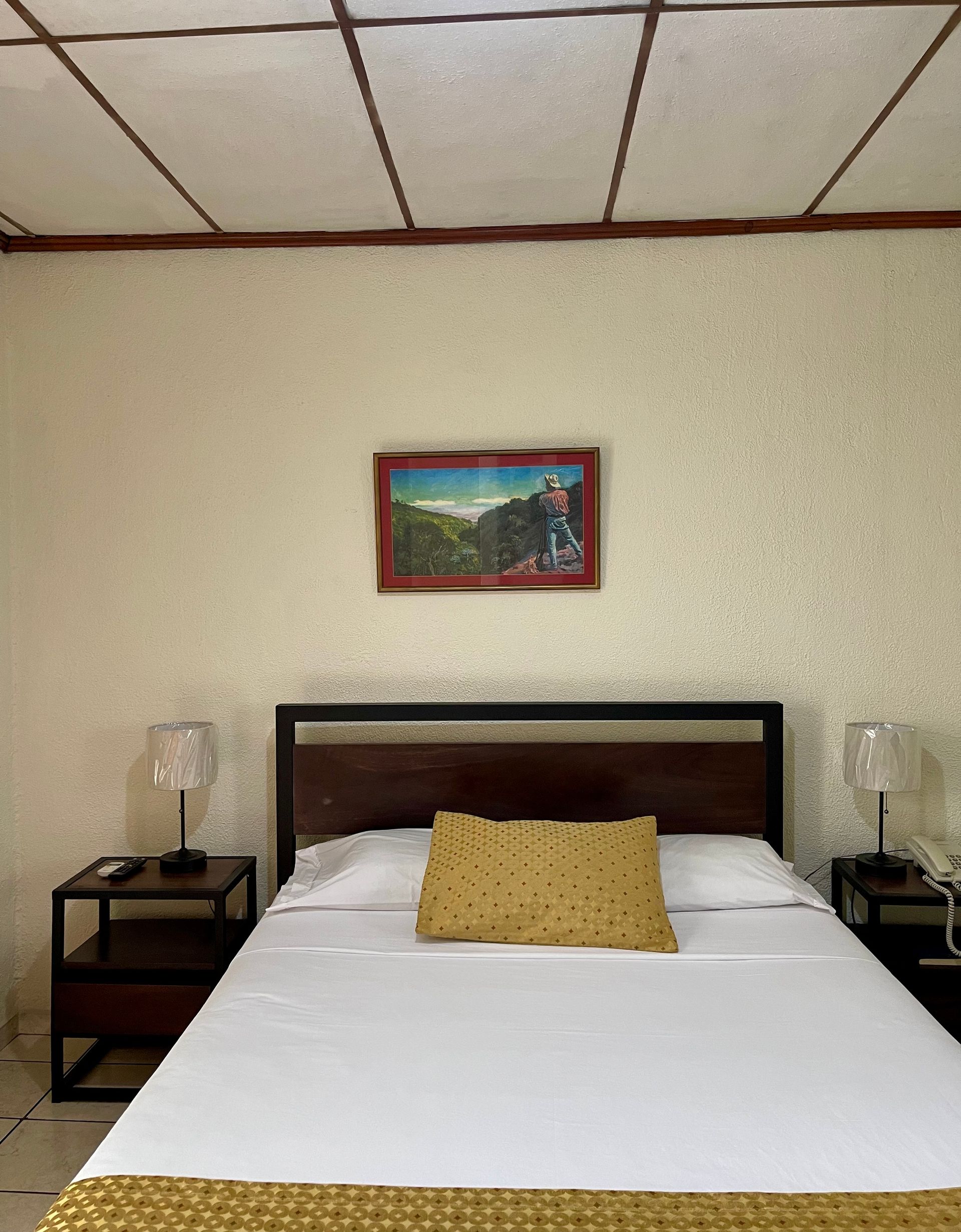 A bedroom with a bed and a picture on the wall above it