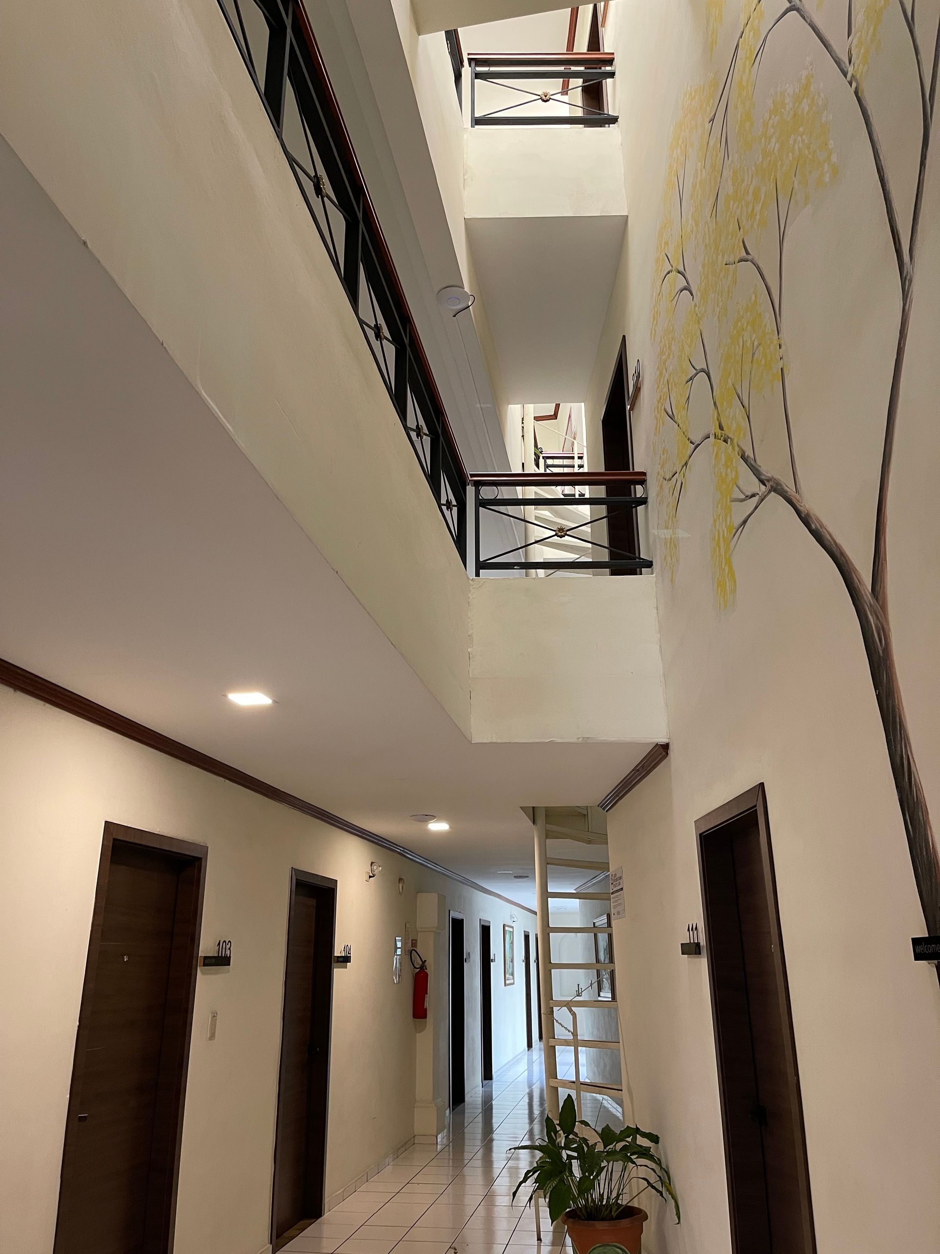 A long hallway with a tree painted on the wall