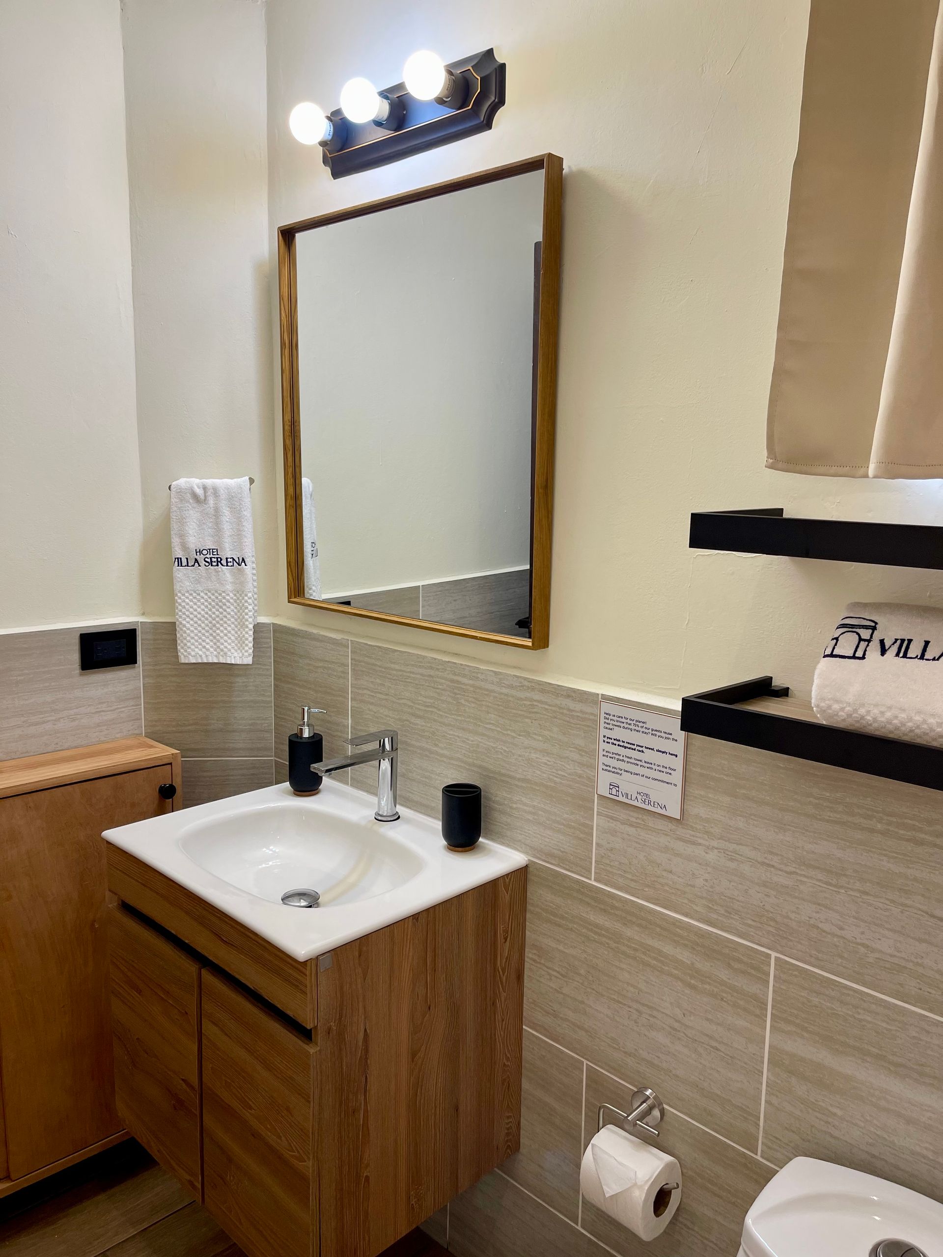 A bathroom with a sink , toilet and mirror