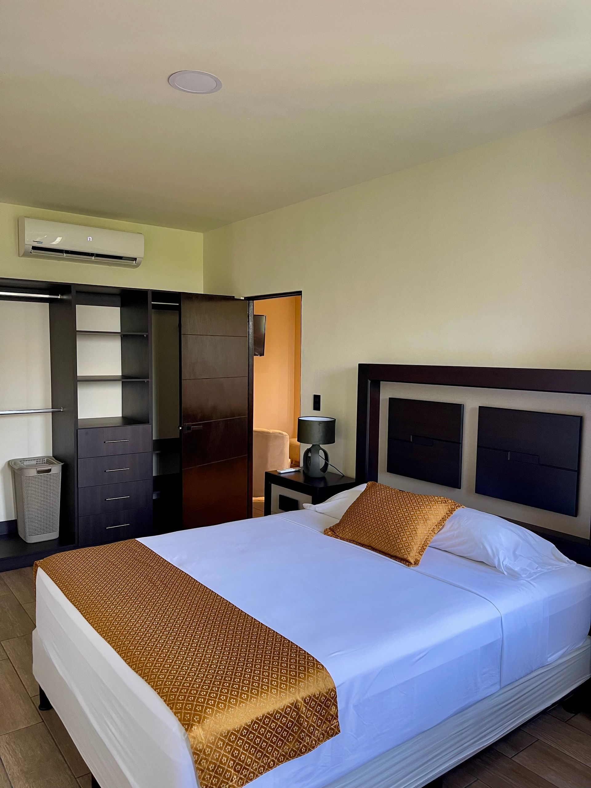 A bedroom with a king size bed and a closet