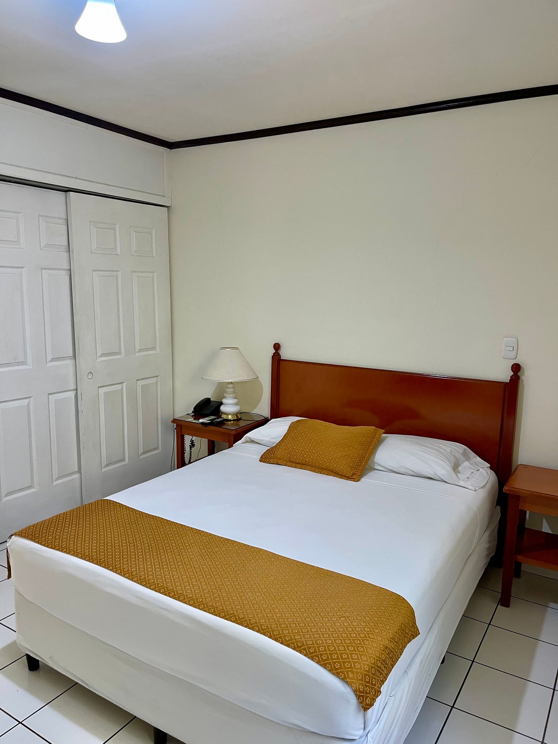 A bedroom with a bed , nightstand , lamp and closet.