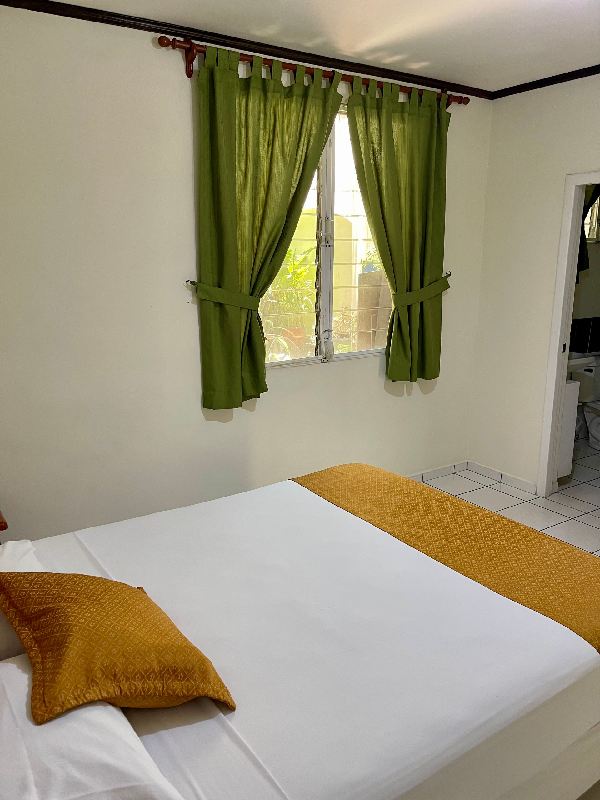 A bedroom with a bed and two windows with green curtains