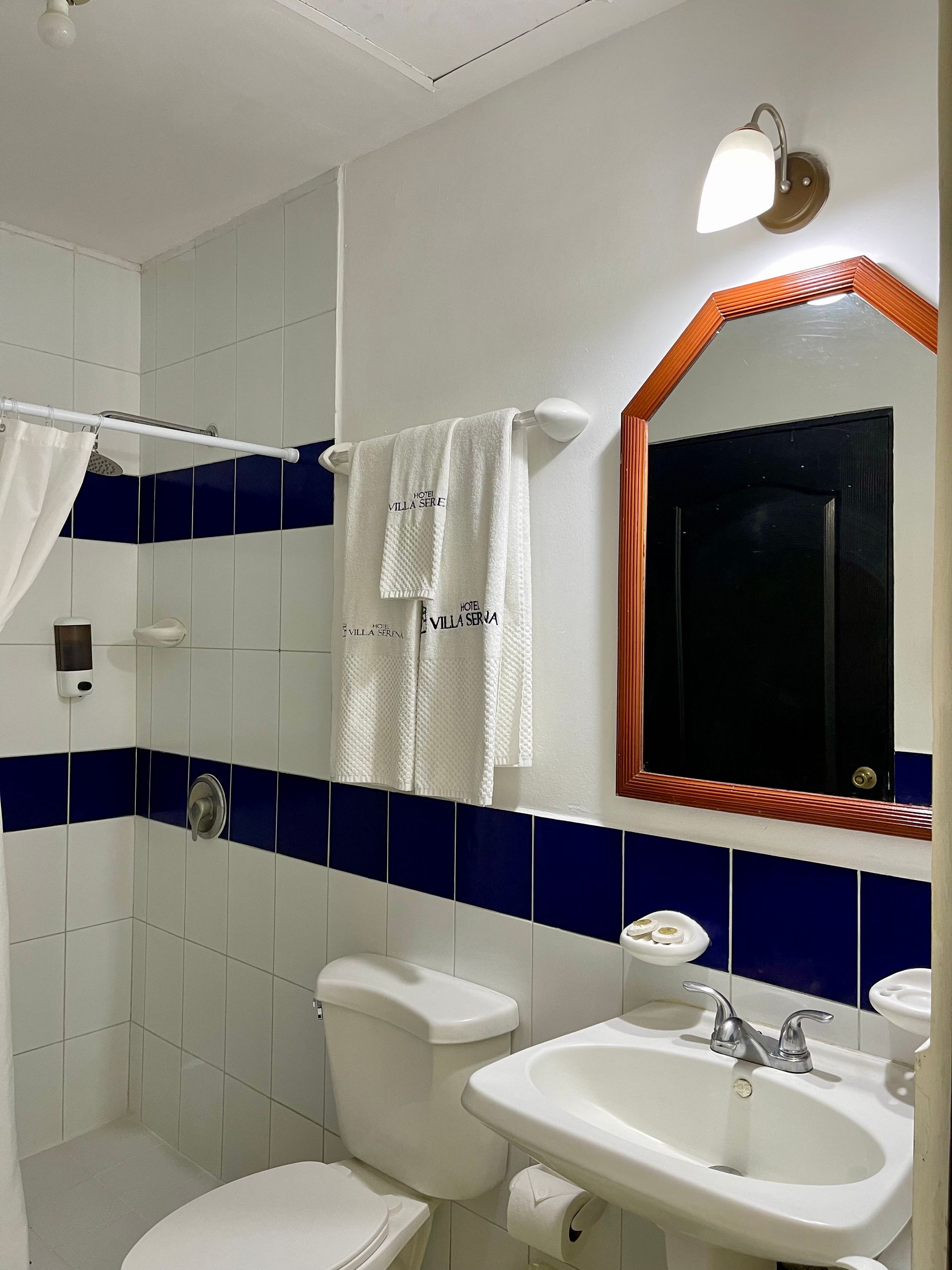 A bathroom with a toilet a sink and a mirror