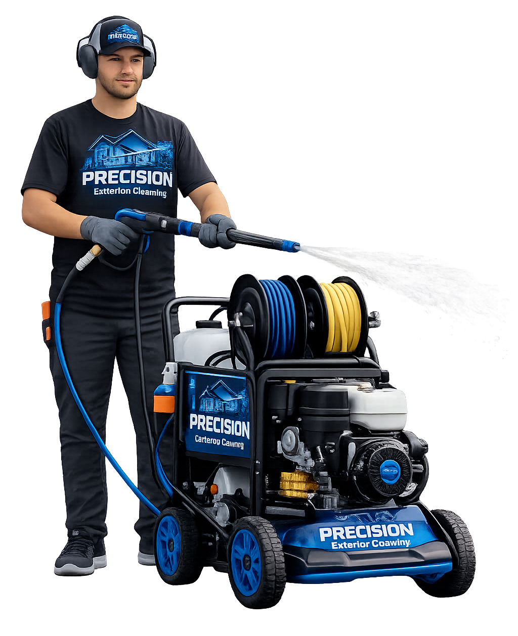 A person wearing hearing protection operates a blue, wheeled pressure washer, spraying a stream of water to the right.