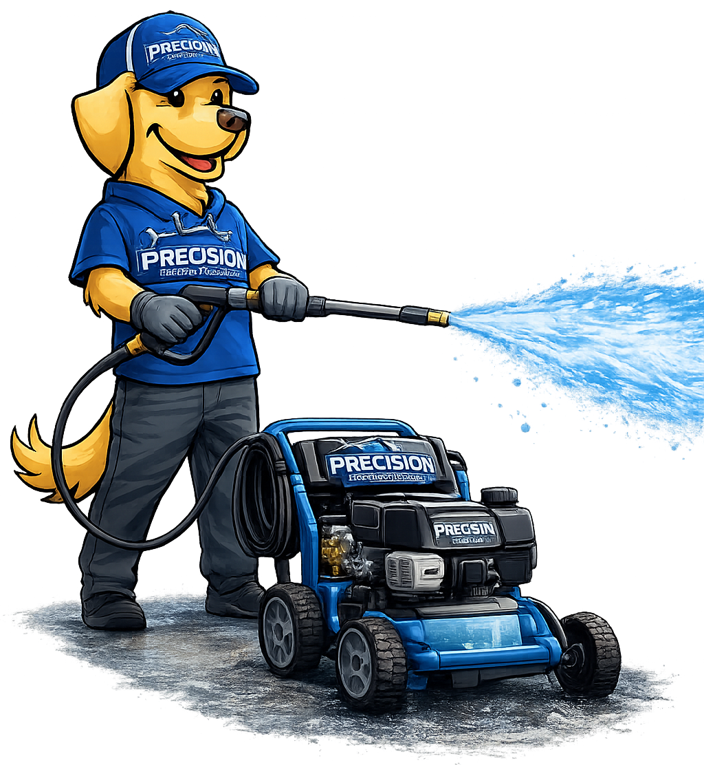 A golden dog mascot wearing a blue hat and hoodie uses a pressure washer to spray a stream of water.