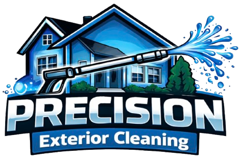 Blue logo for Precision Exterior Cleaning featuring a house, a pressure washer spraying water, and bold, metallic text.