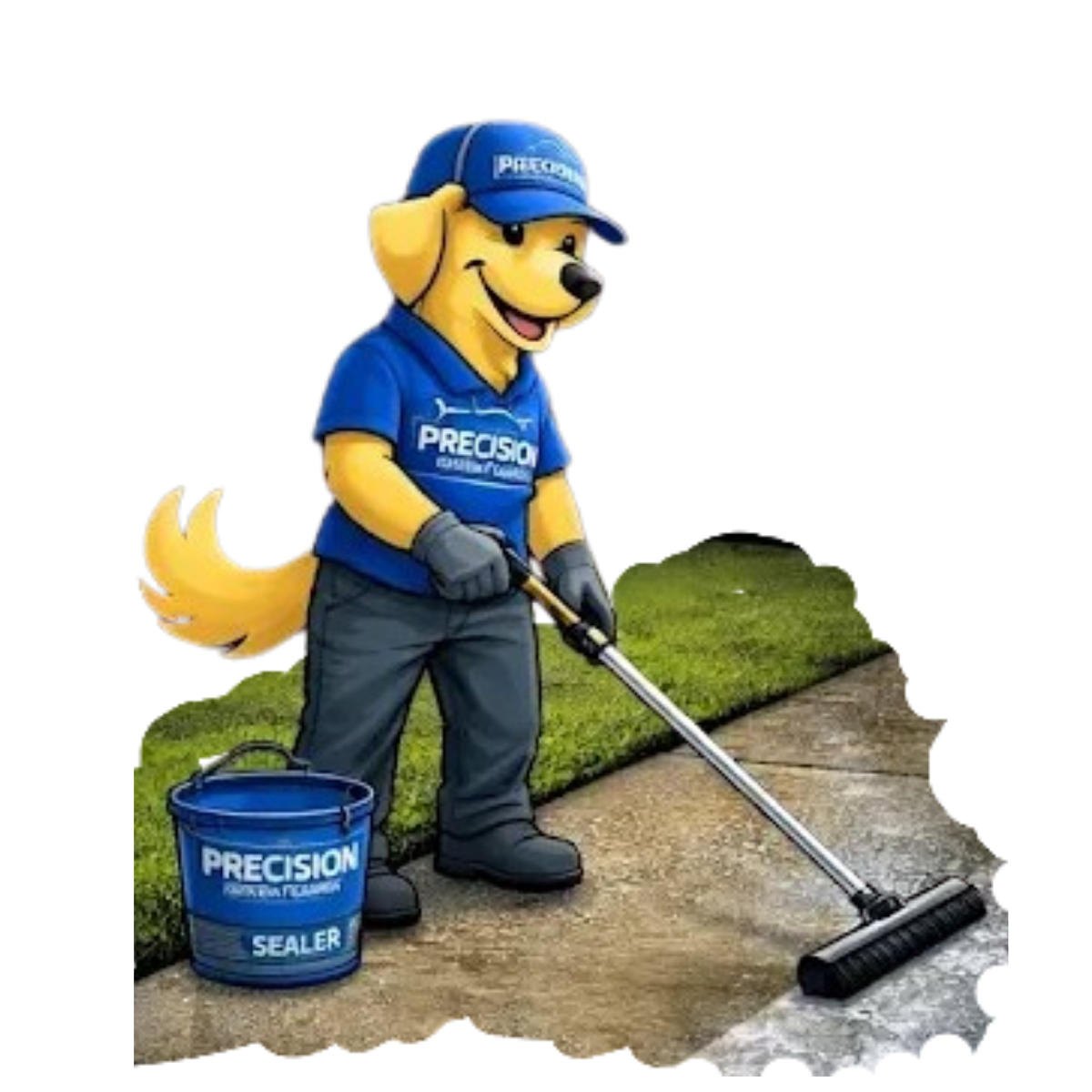 A cartoon dog mascot in a blue uniform applies sealant to a concrete walkway next to a grassy lawn.