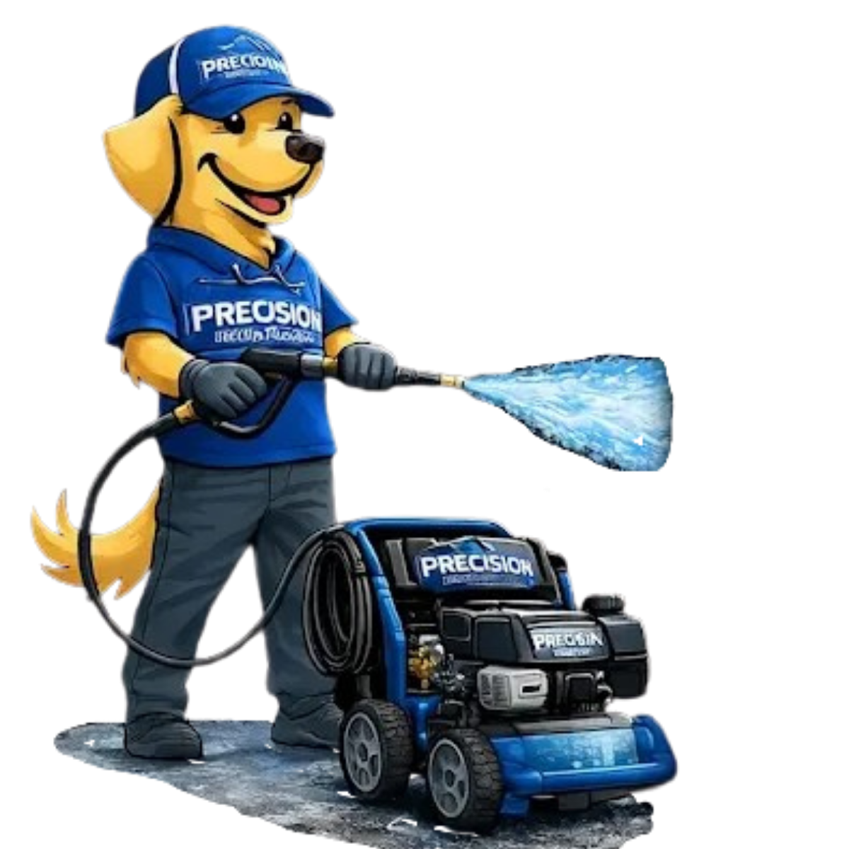 A cartoon golden retriever wearing a blue Precision uniform and hat uses a blue pressure washer to spray a stream of water.