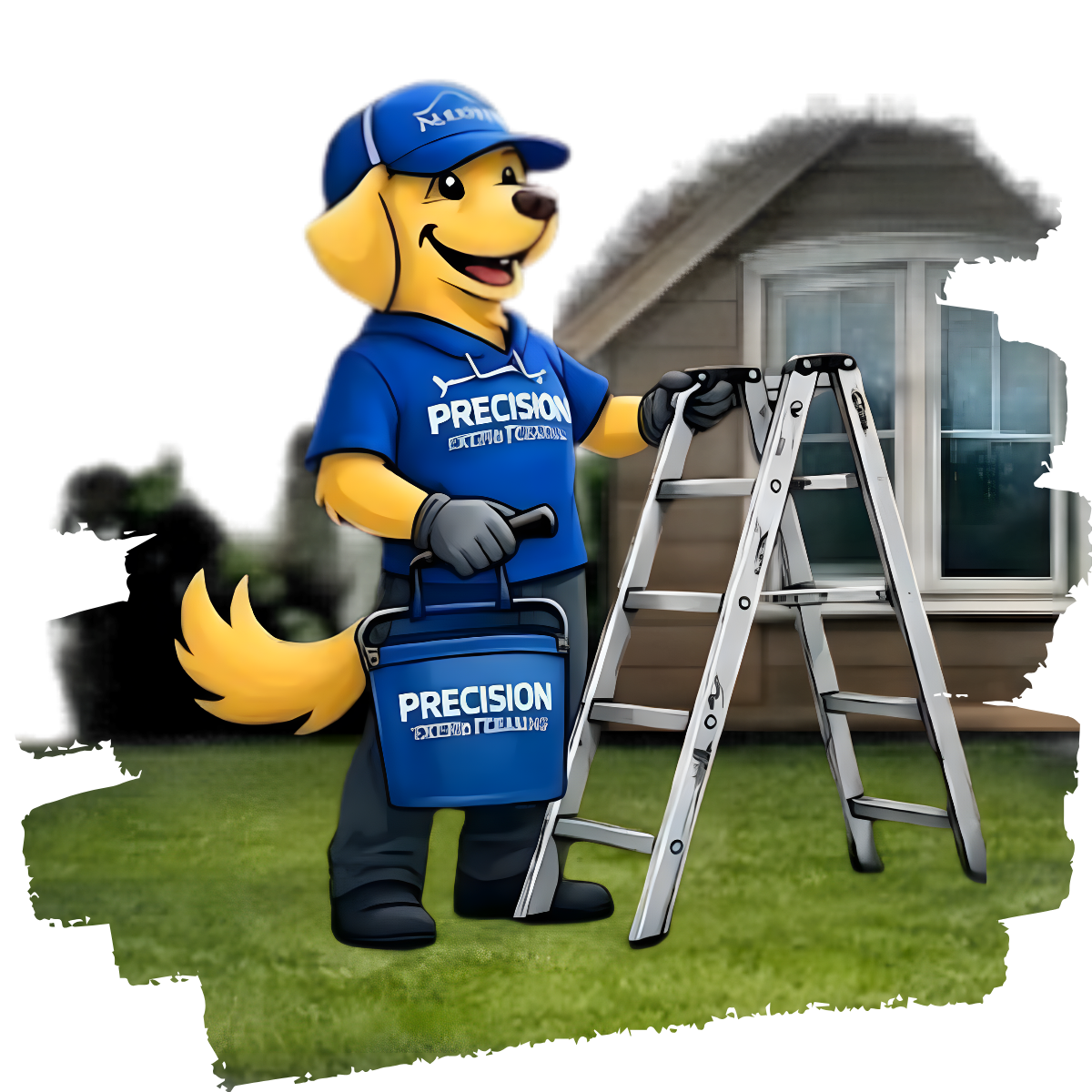 A cartoon golden retriever mascot in a blue uniform and cap stands on a lawn holding a tool bucket next to a ladder.