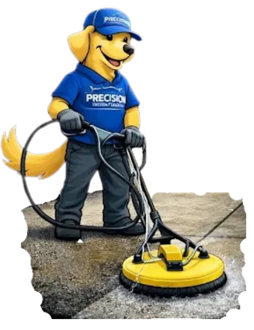 A yellow cartoon dog wearing a blue cap and shirt is using a yellow surface cleaner tool to wash a concrete surface.