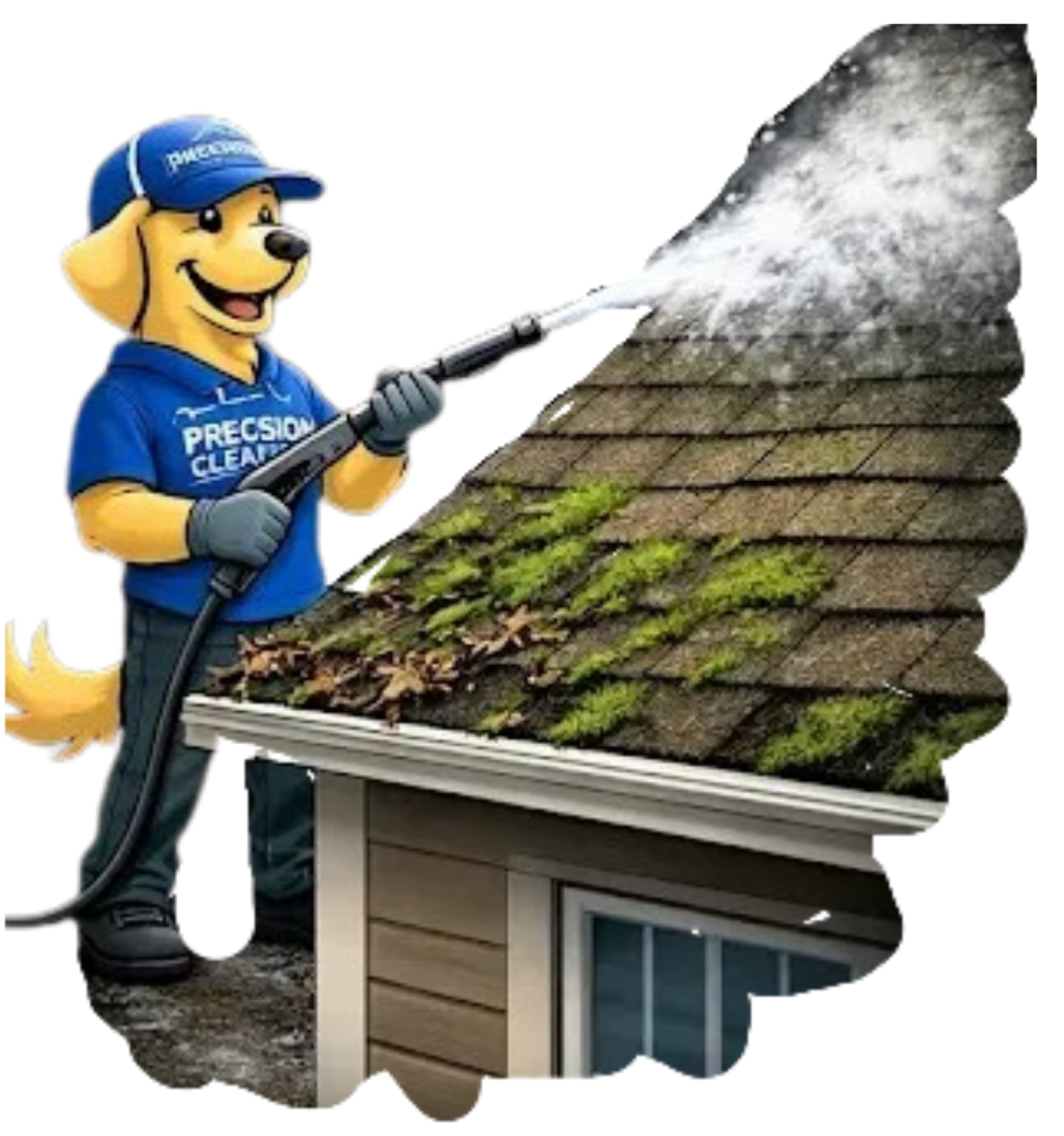 A cartoon dog mascot wearing a blue uniform uses a pressure washer to clean moss off a residential roof.