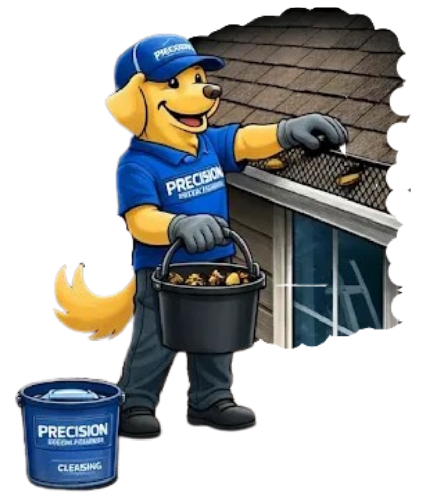 A cartoon dog mascot wearing a Precision uniform cleans leaves out of a rain gutter while holding a bucket.