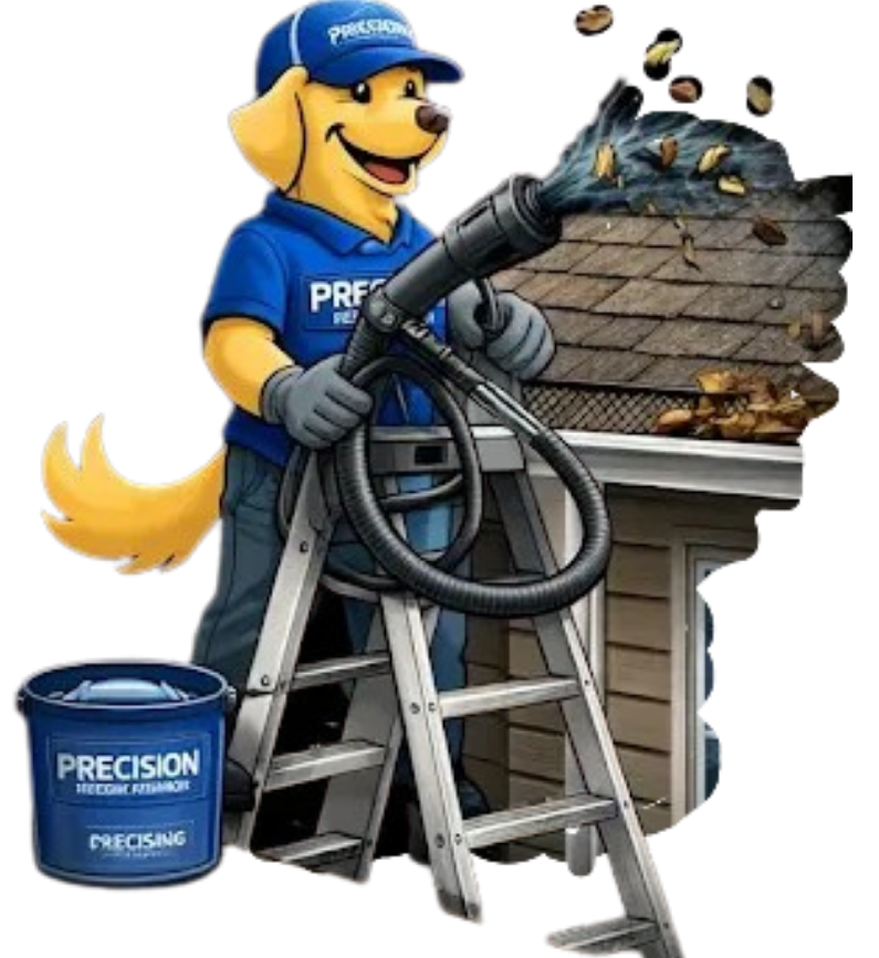 A cartoon dog mascot in a blue Precision uniform stands on a ladder, using a blower to clear debris from a roof gutter.