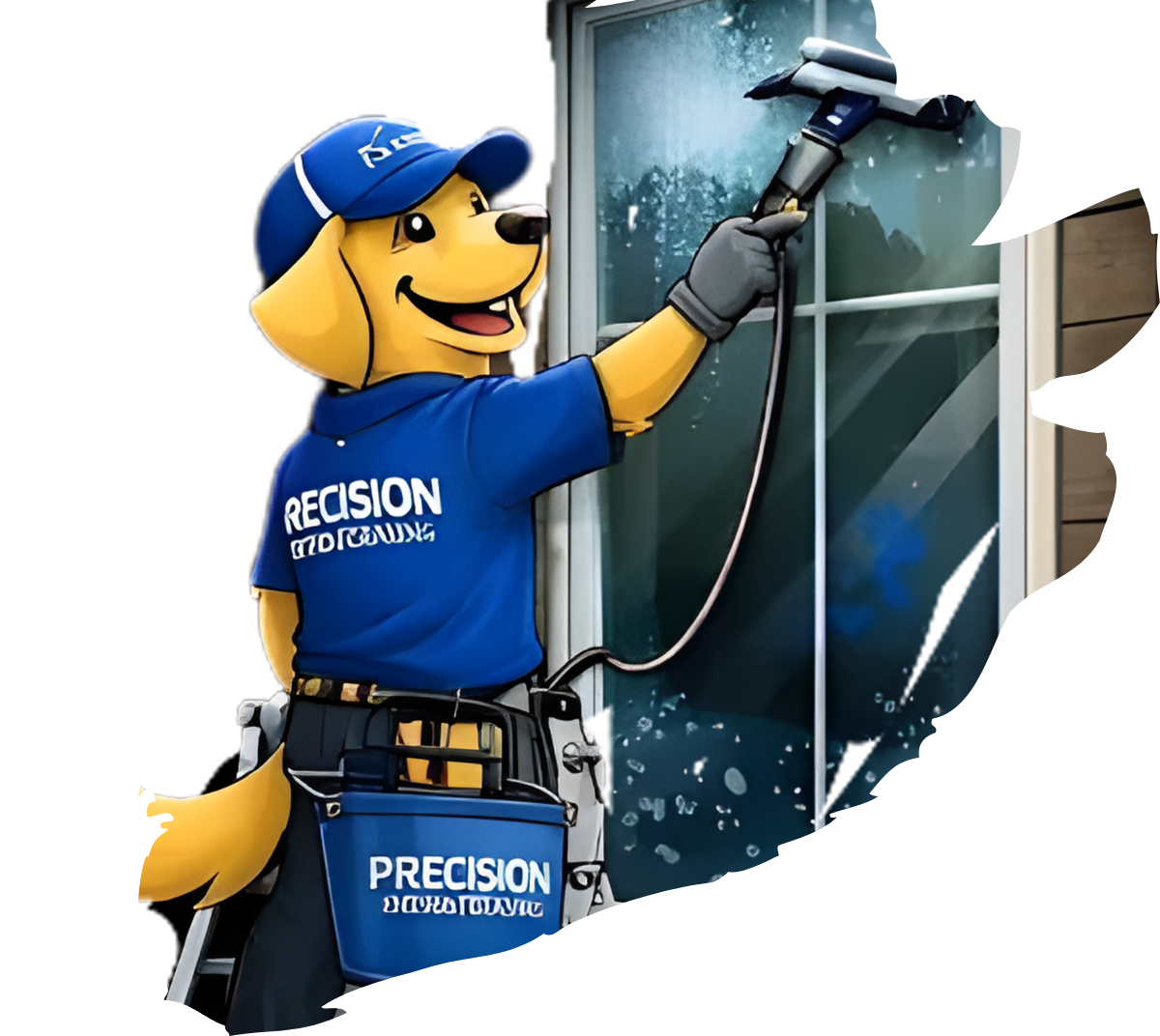 A cartoon dog wearing a blue uniform and cap cleans a glass window with a professional tool.