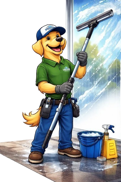 A cartoon dog in a green shirt and work pants stands holding a squeegee, cleaning a window next to a bucket and supplies.