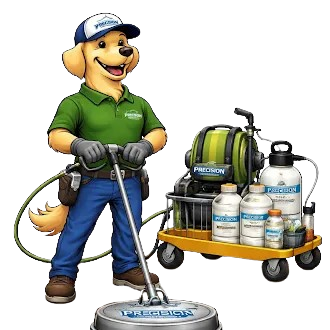 A cartoon golden retriever wearing a green polo, hat, and work gloves uses a surface cleaner next to a cart of supplies.
