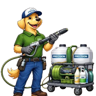 A friendly cartoon dog mascot in a green polo and cap holds a pressure washer next to a cart of cleaning supplies.