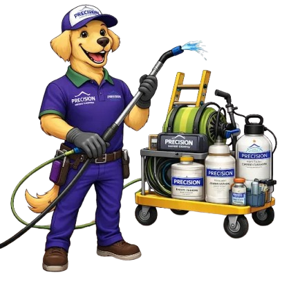A smiling cartoon dog wearing a Precision brand cap and uniform holds a pressure washer, standing by a utility cart.