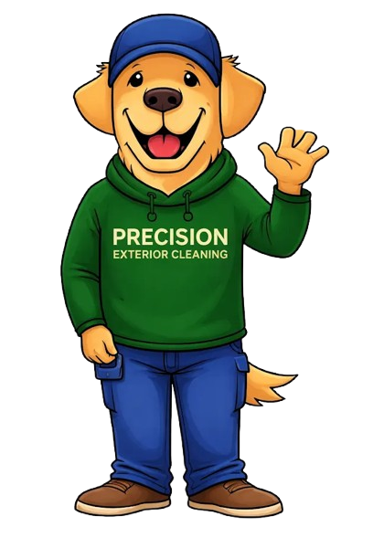 A golden retriever mascot wearing a blue cap and a green 