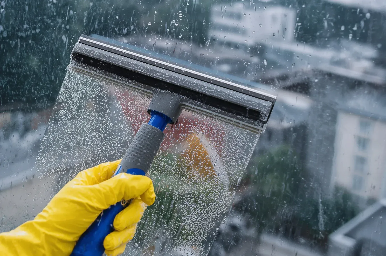 A gloved hand uses a squeegee to clean raindrops off a glass window overlooking a city building.