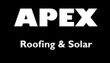 A white logo on a black background reading "APEX" in large capital letters, with "Roofing & Solar" written below it.