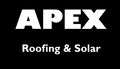 A white logo on a black background reading "APEX" in large capital letters, with "Roofing & Solar" written below it.
