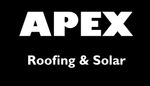 A white logo on a black background reading "APEX" in large capital letters, with "Roofing & Solar" written below it.