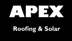 A white logo on a black background reading "APEX" in large capital letters, with "Roofing & Solar" written below it.