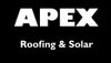 A white logo on a black background reading "APEX" in large capital letters, with "Roofing & Solar" written below it.