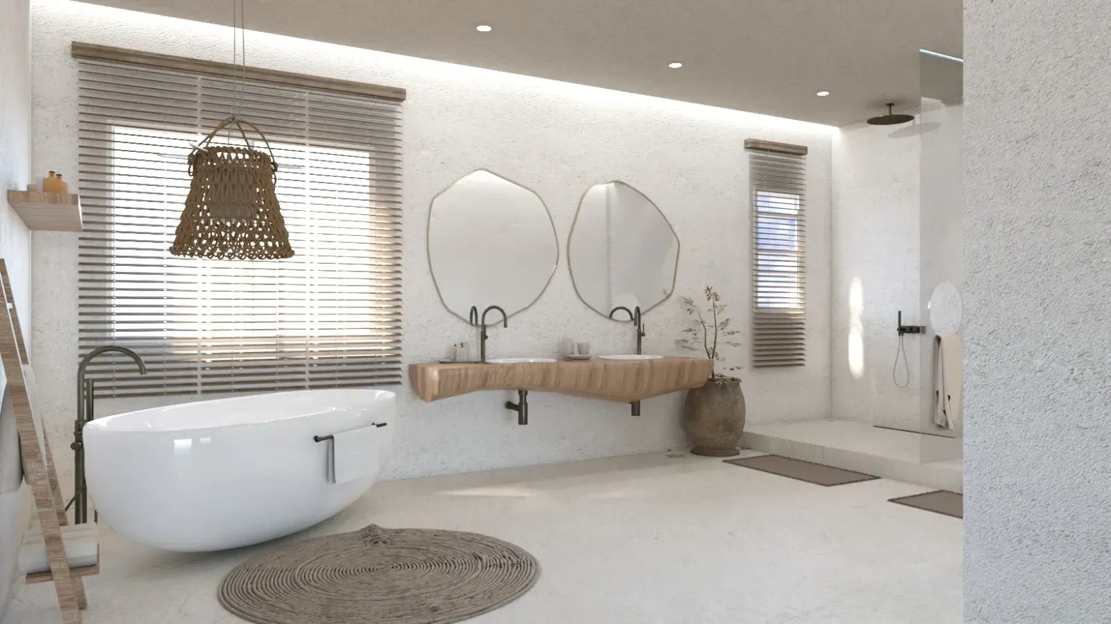 Une salle de bain avec une baignoire et deux lavabos.