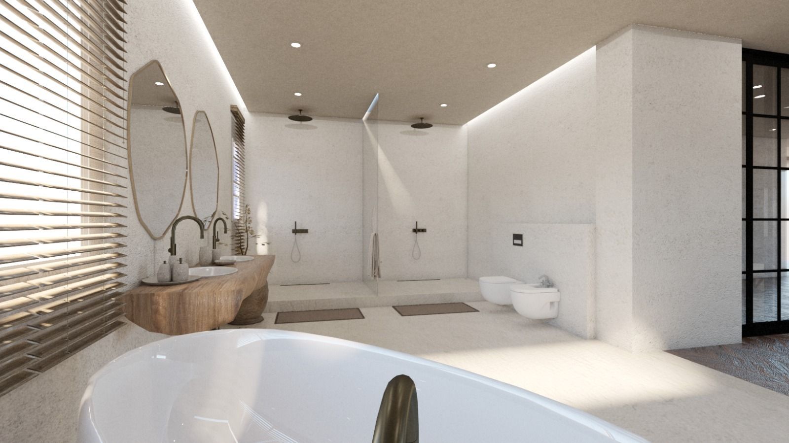 Il y a une baignoire au milieu de la salle de bain.