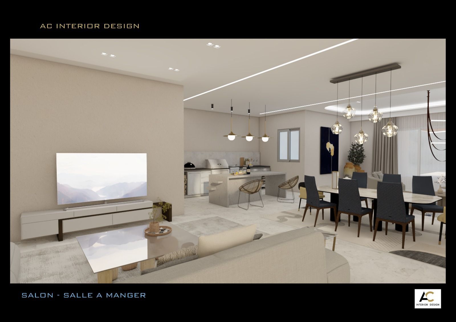 Un salon avec un canapé et une télévision et une salle à manger avec une table et des chaises.