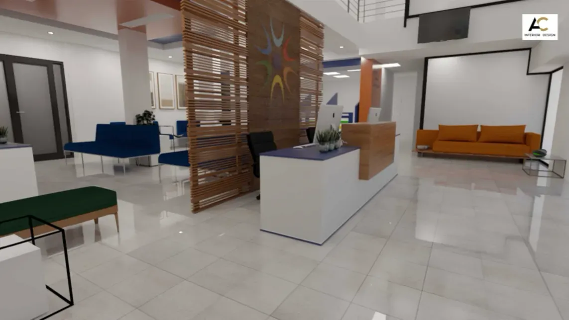 Un rendu d'un hall d'entrée avec un canapé et un bureau