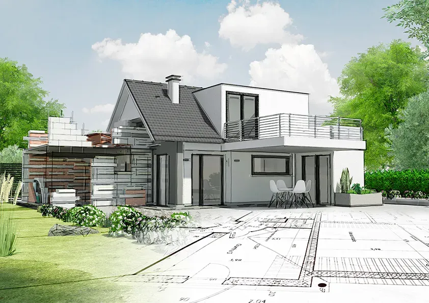 Une image générée par ordinateur d'une maison avec un plan de la maison.