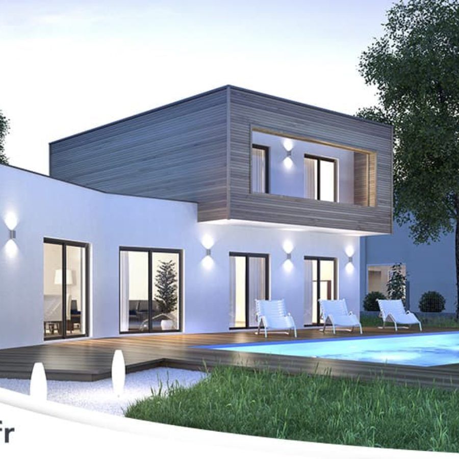 Une maison avec une piscine devant