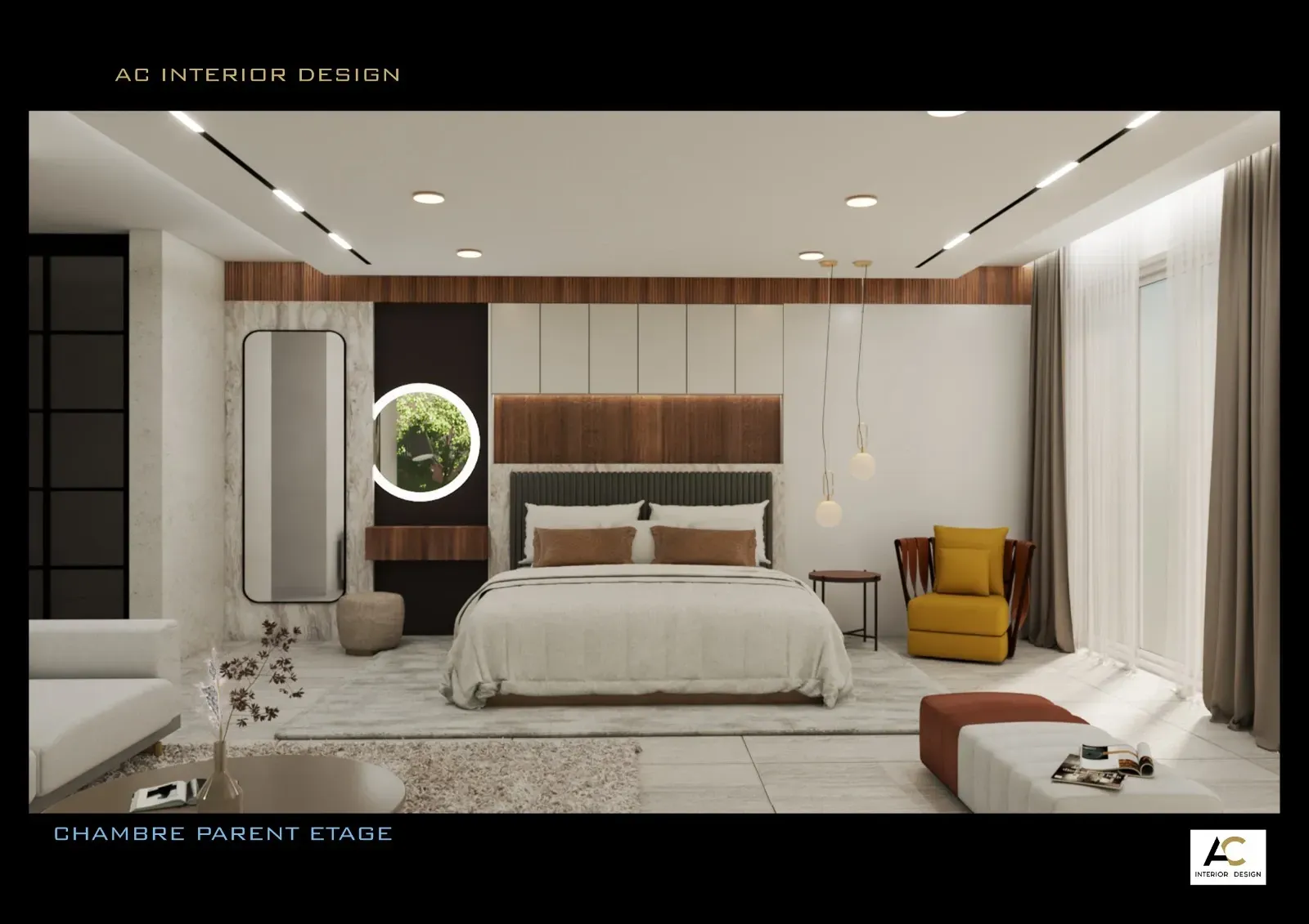 Une chambre avec un lit, un canapé, une chaise et un miroir.