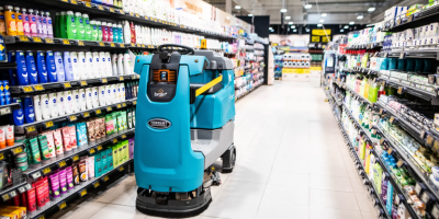 Un robot nettoie le sol d'une épicerie.