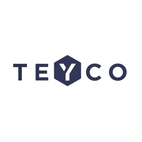 Logo Teyco : Hexagone bleu foncé avec un « Y » blanc au centre, flanqué de « TE » à gauche et de « CO » à droite.