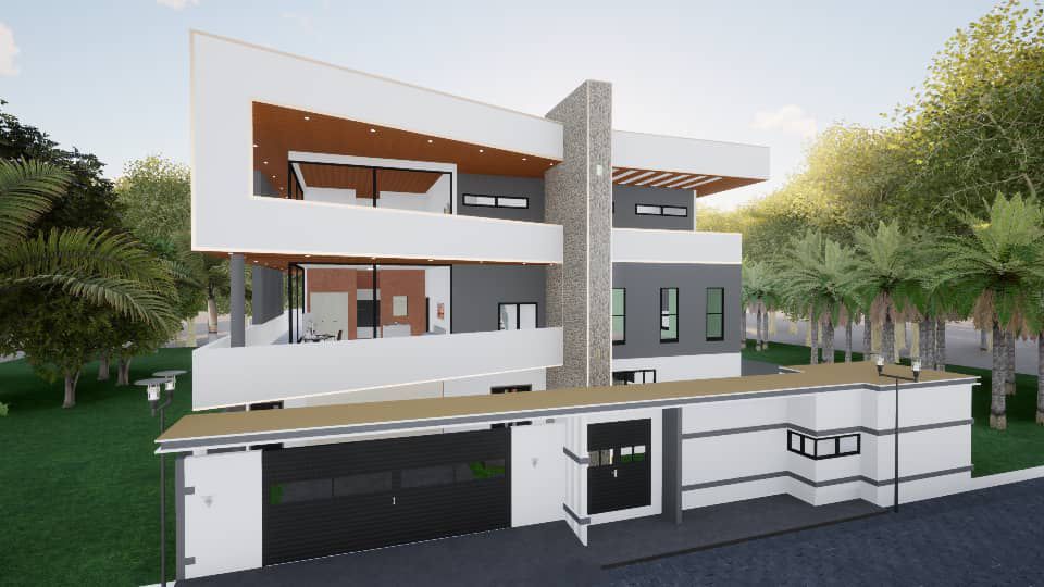 Une impression d'artiste d'une maison moderne entourée d'arbres