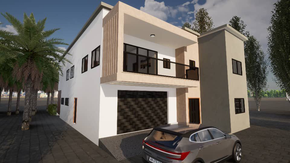 Une voiture est garée devant une grande maison