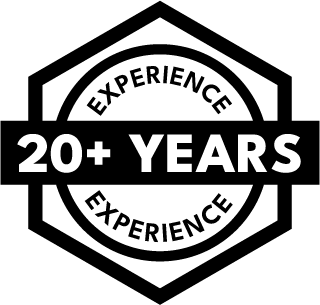 A black and white logo that says `` experience 20+ years experience ''.