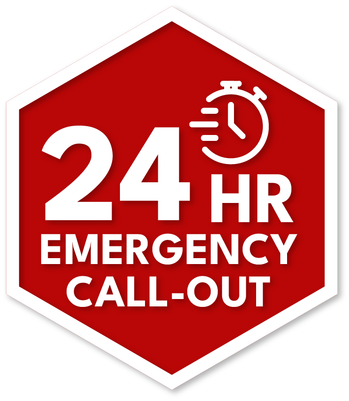 A red sign that says 24 hr emergency call out