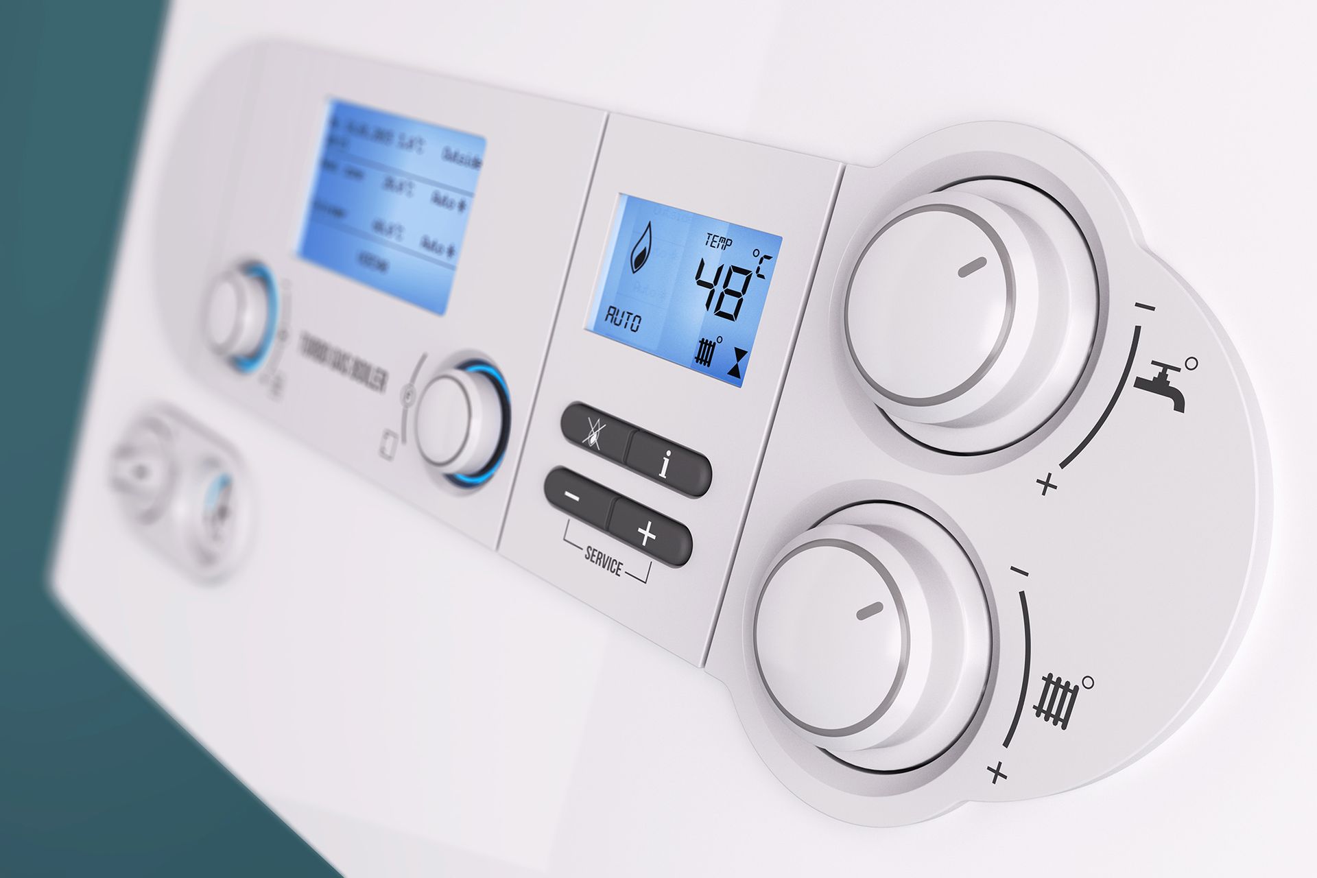 A close up of a control panel on a boiler showing the temperature is 48 degrees fahrenheit.