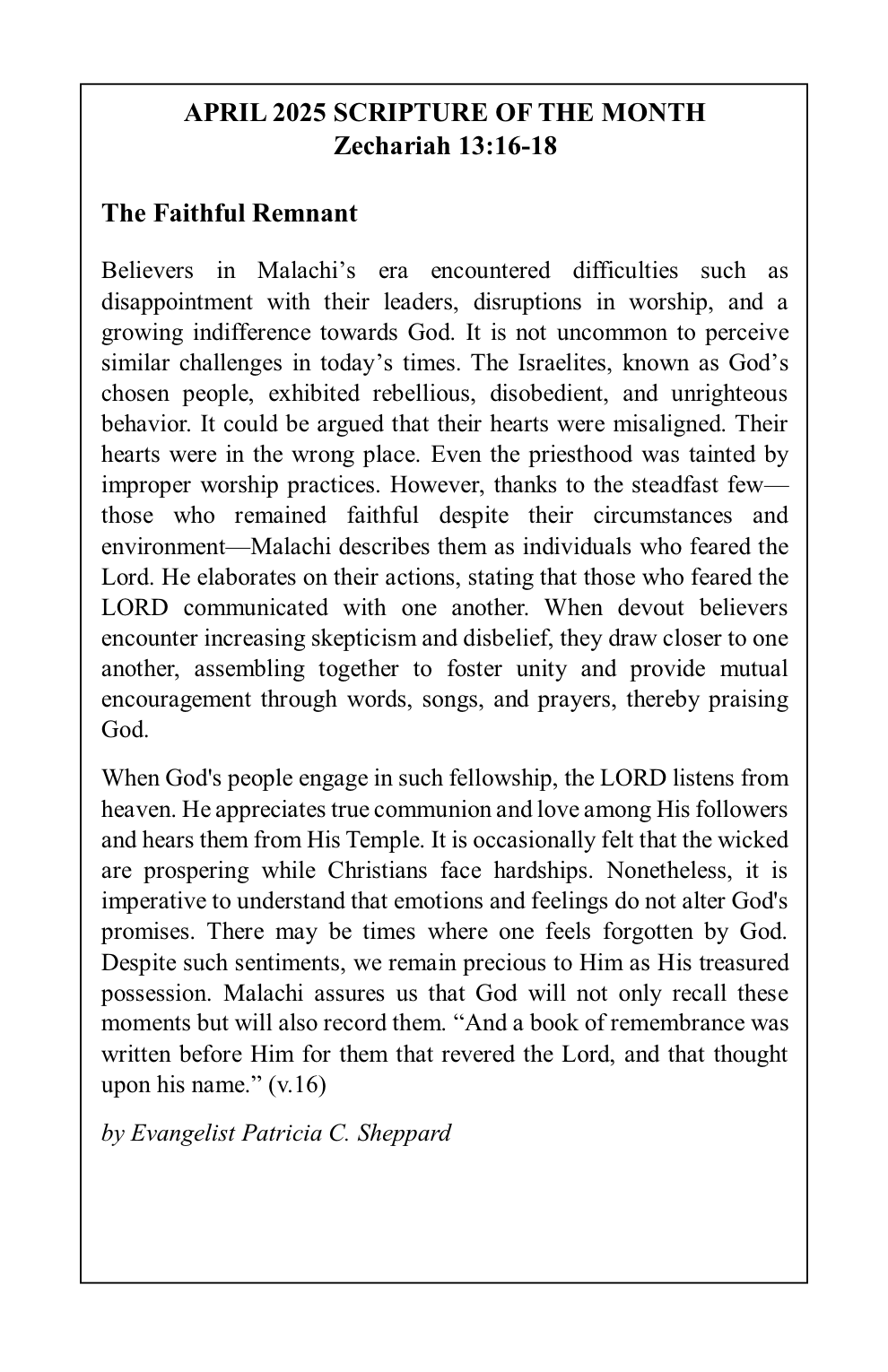 Newsletter: April 2025 scripture of the month, with text about steadfastness and spiritual growth.