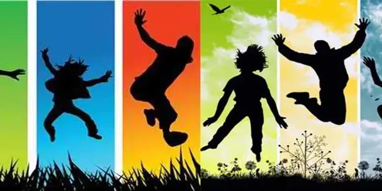 Silhouetted figures jumping against colorful backgrounds, representing joy and freedom.
